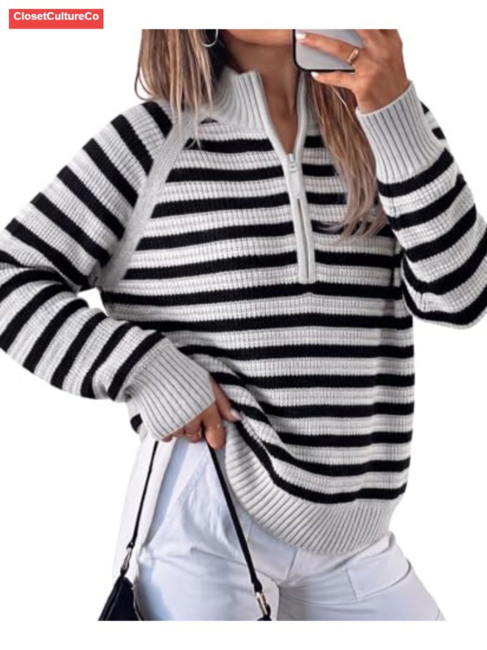 Ribbed Knit Half Zip Striped Pullover Sweater Oversized Mock Neck Thumbholes